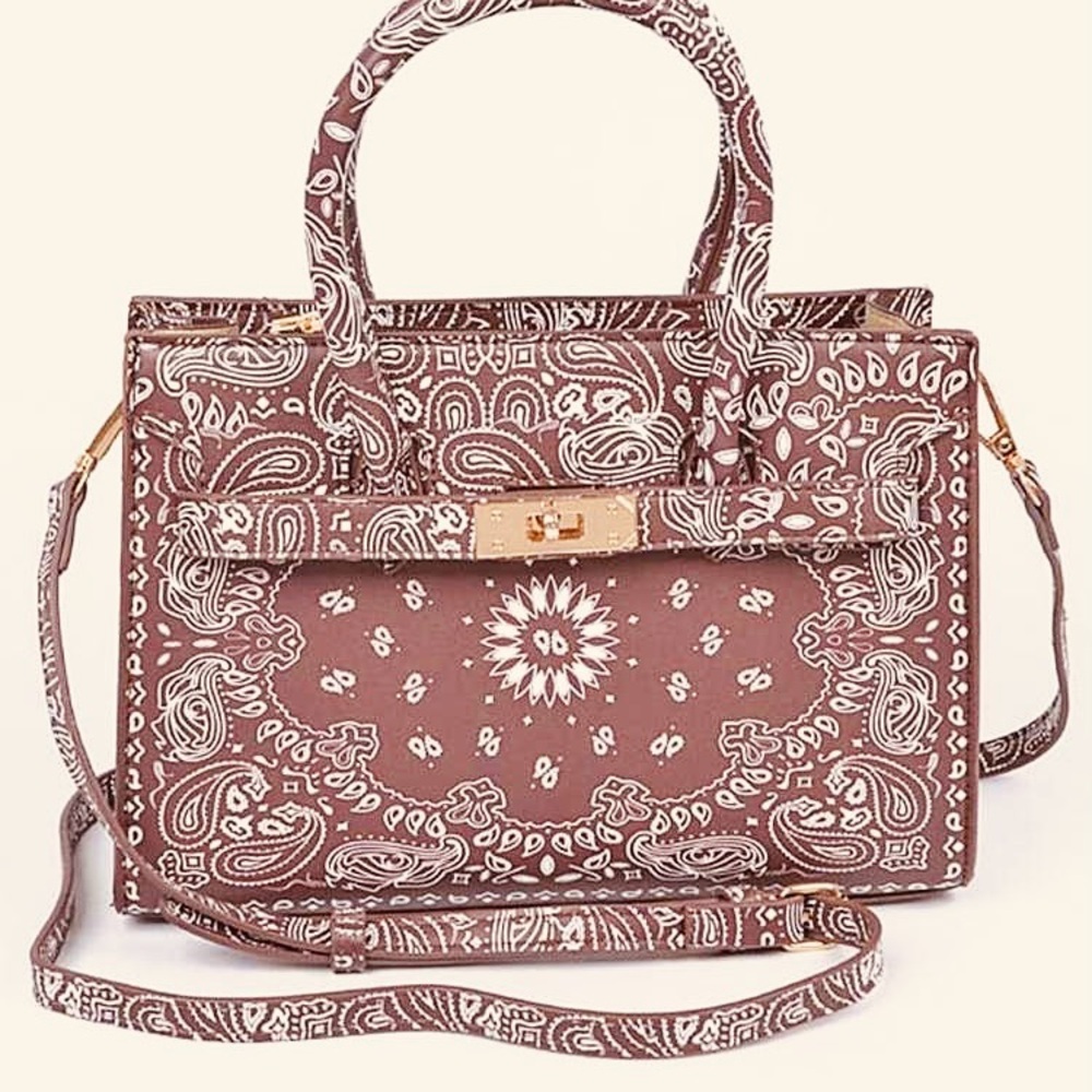 Brown and White Satchel with Paisley Pattern